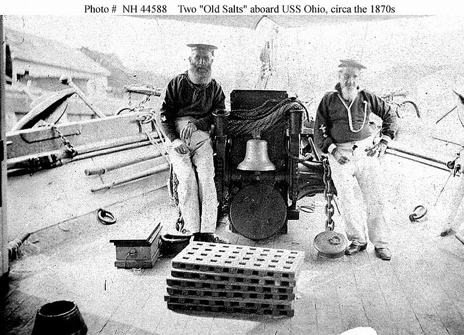 photograph of unknown old salt sailors standing aboard the USS Ohio ca 1870s note the ditty box (sea trunk/sea chest) on the deck in front of the sailor to the left.