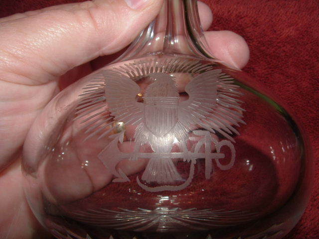 lead crystal liqueur decanter with golden eagle and USN etching