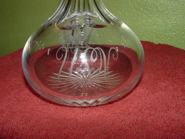 lead crystal liqueur decanter with golden eagle etching, USN backside