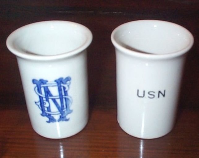 two water tumblers with USN one plain the other fancy