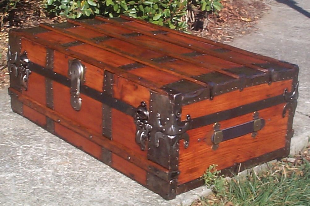 restored victorian all wood low profile roll top antique trunk for sale 714