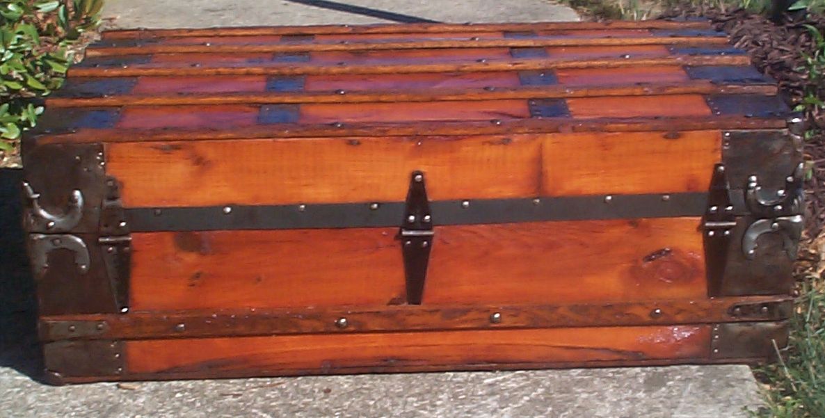 restored victorian all wood low profile roll top antique trunk for sale 714