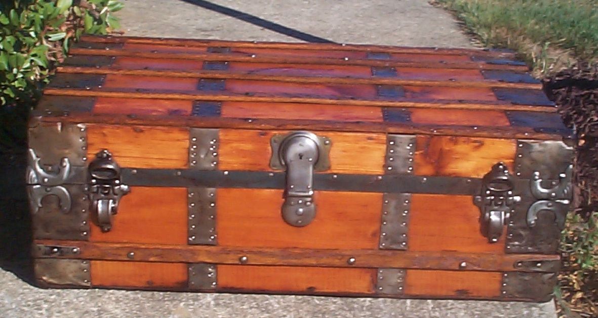 restored victorian all wood low profile roll top antique trunk for sale 714