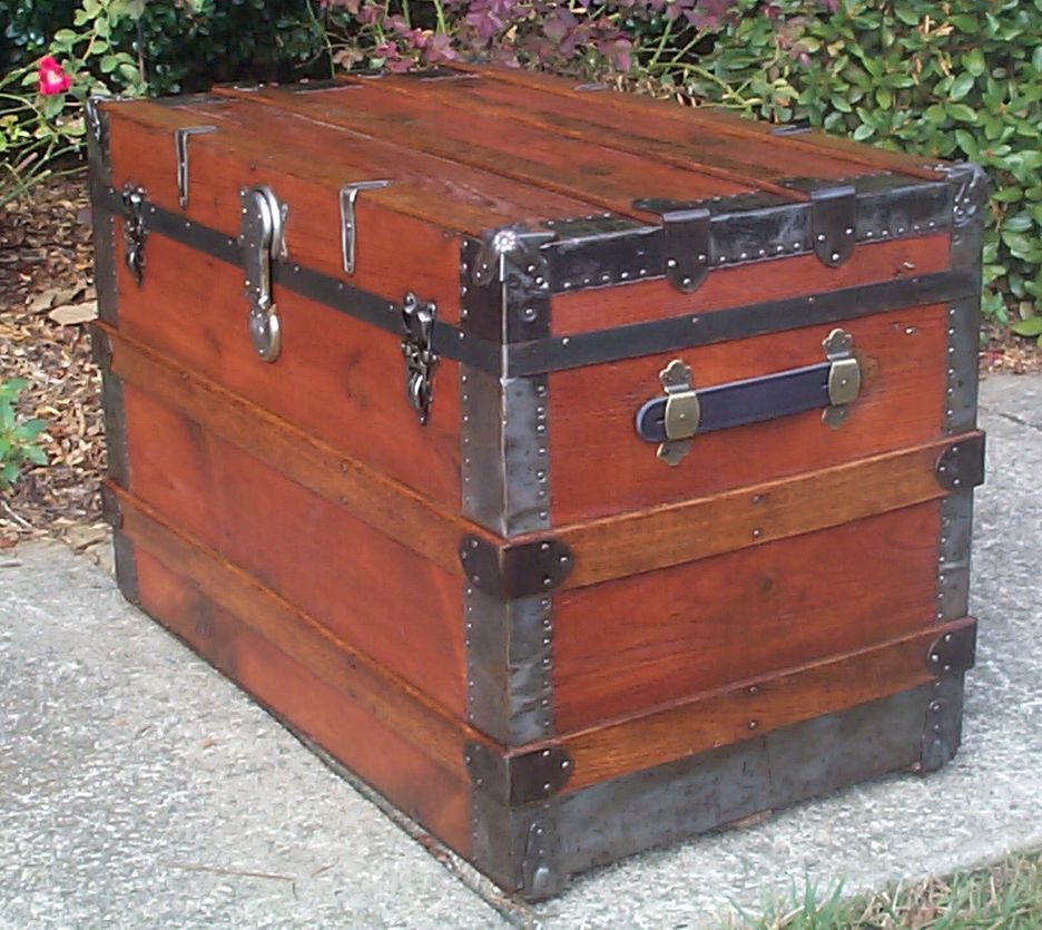 restored victorian all wood flat top antique trunks for sale 719