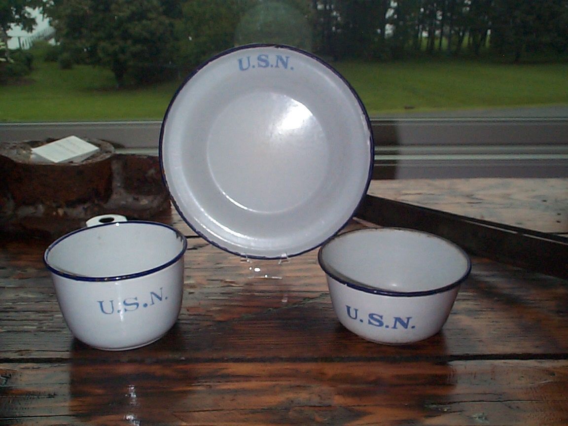 Navy Enlisted Mess Deck White Porcelain on Metal Graniteware plate, Bowl, Cup and flatware