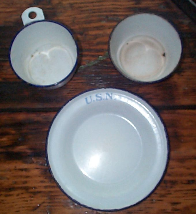 1890s-1900s SpanAm War Great White Fleet era White Enamelware Porcelain on Metal US Navy Enlisted Mess Plate, Bowl, Cup