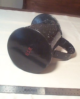 bottom view graniteware navy measuring pitcher howing stamped USN