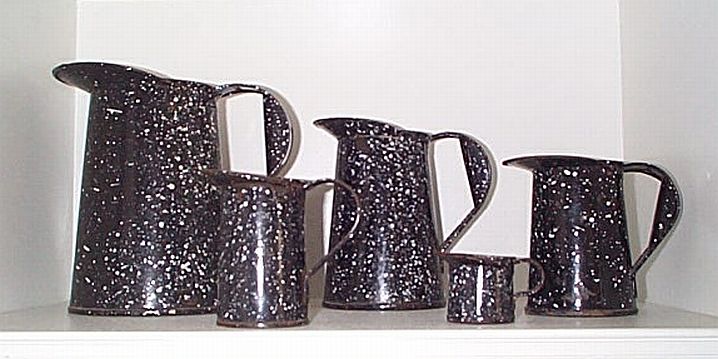 5 Piece Complete Set of Navy Granitware Measuring Pitchers or Cups