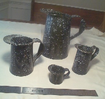 5 Piece Complete Set of Navy Granitware Measuring Pitchers or Cups