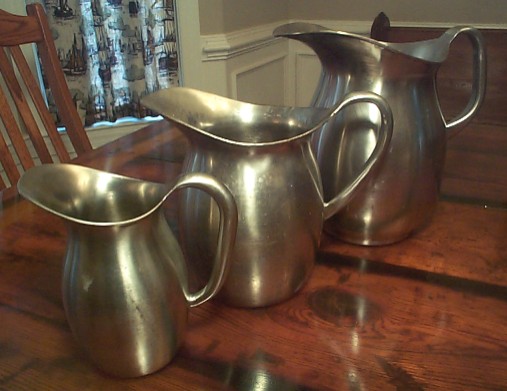 Complete Set of Large, Medium and Small Stainless Steel Water or Milk Pitcher