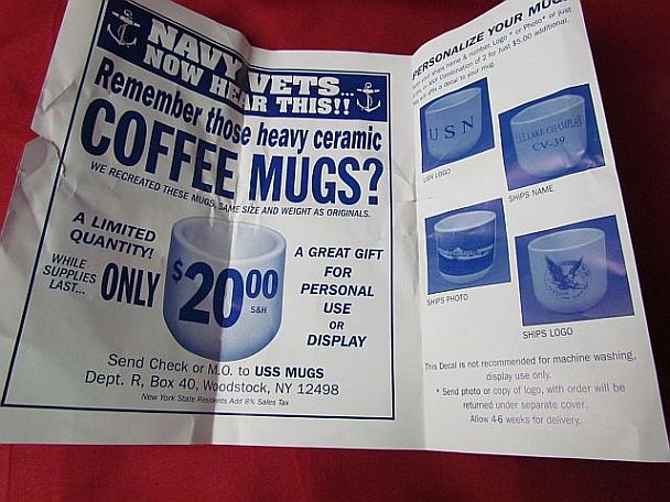 Fake Reproductions of USN enlisted White Large Handless Mug for All Dinners and Watchstanding)