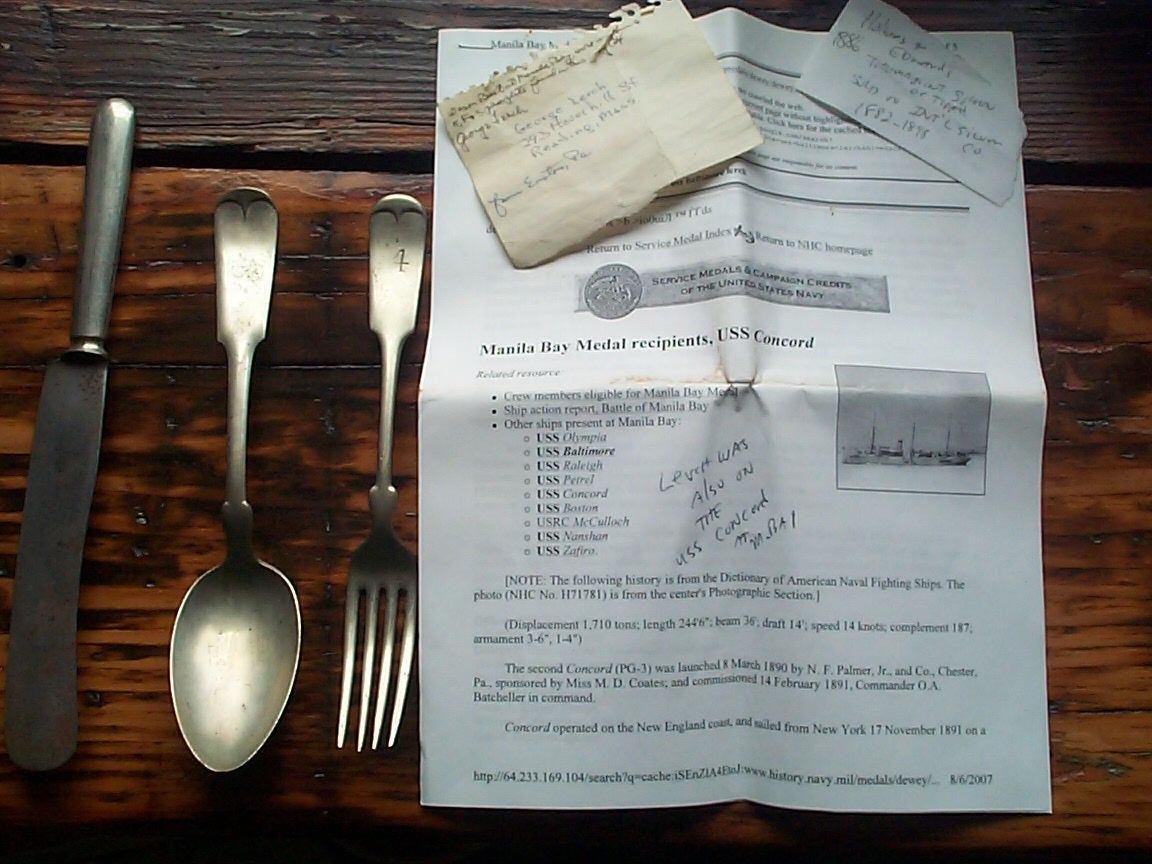 1890s-1900s SpanAm War Great White Fleet era us navy enlisted mess knife, fork, spoon mae by Holmes and Edwards using German Silver or Alpacca