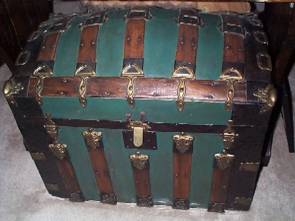 LARGE Antique Pirate Treasure Chest, Sea Chest, Green Metal Cladding